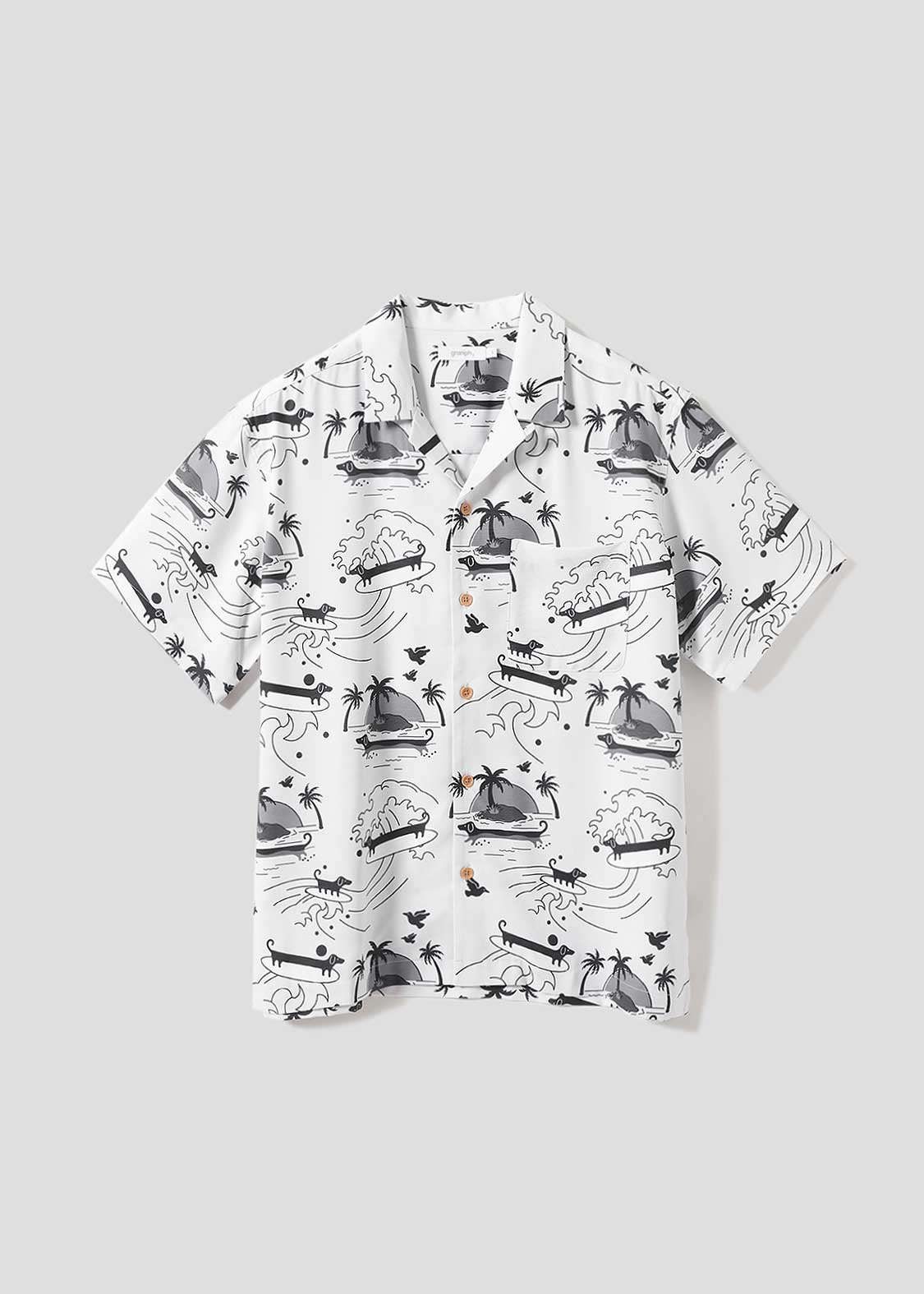 Nagasugiru Inu Playing With Waves | Open Collar Aloha Shirt