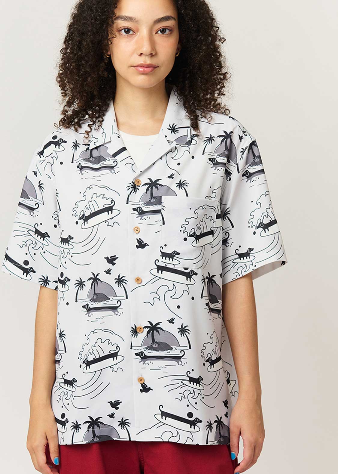 Nagasugiru Inu Playing With Waves | Open Collar Aloha Shirt - Image 6