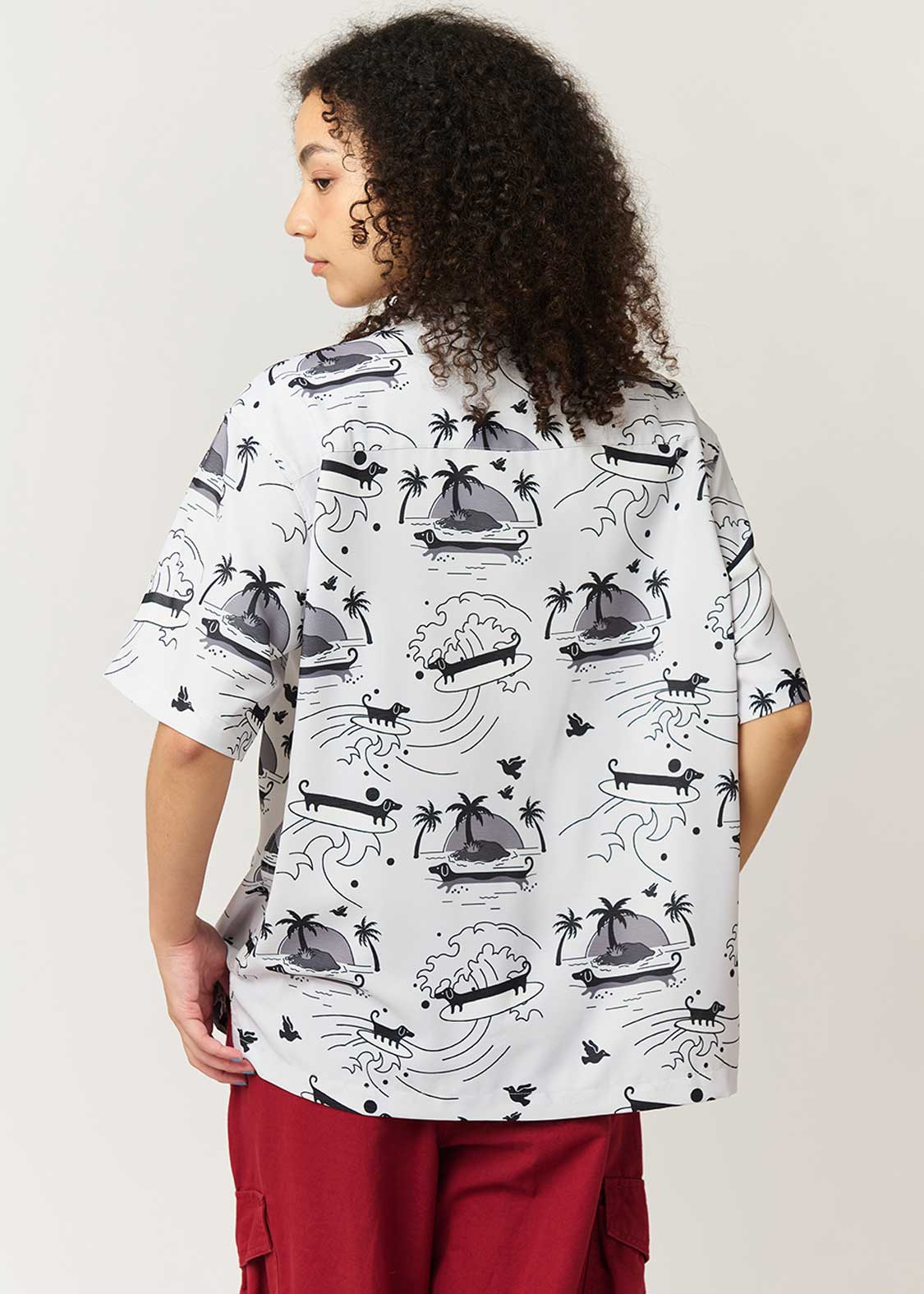 Nagasugiru Inu Playing With Waves | Open Collar Aloha Shirt - Image 9
