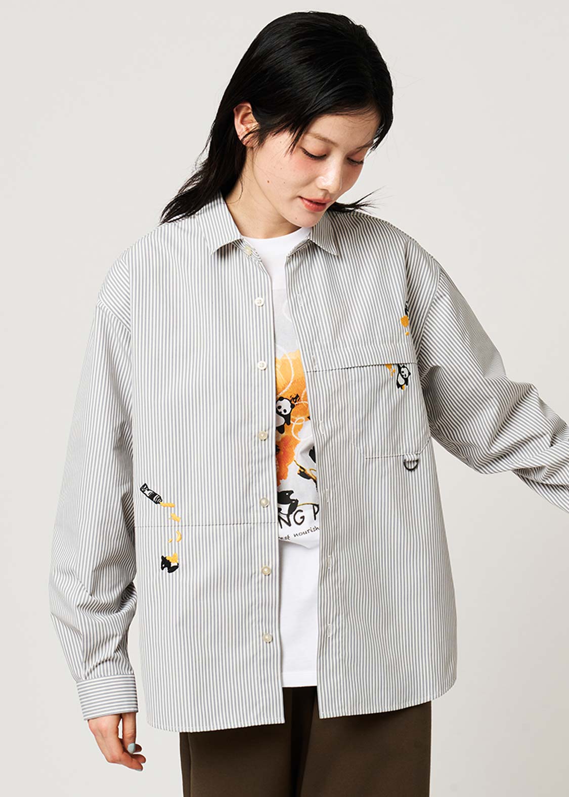 Rolling Pandas Painting | Loose-Fitting Shirt With Contrasting Stripes - Image 9