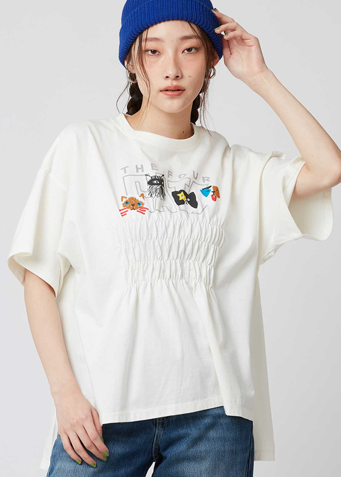 Shirring Short Sleeve Tee (THE FOUR CATS Face) - Image 7