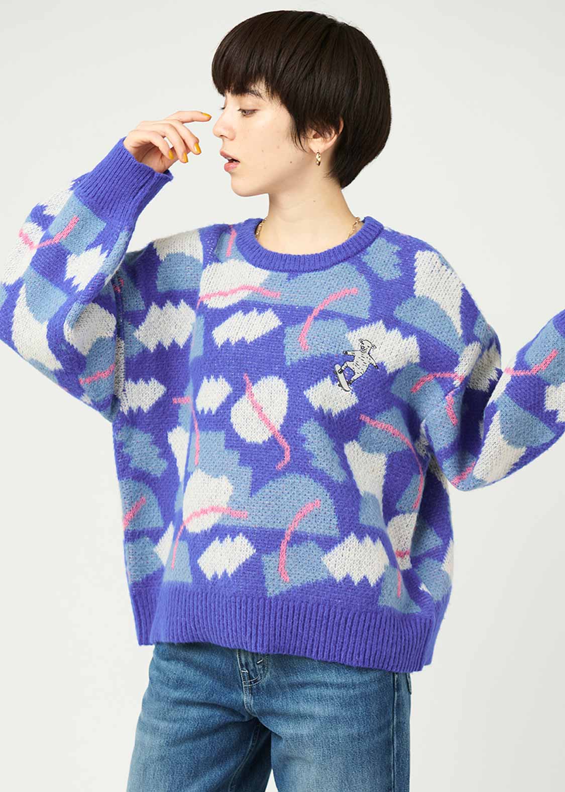 Jacquard Shaggy Volume Sleeve Knit (Lamb Chop Skate) - Image 10