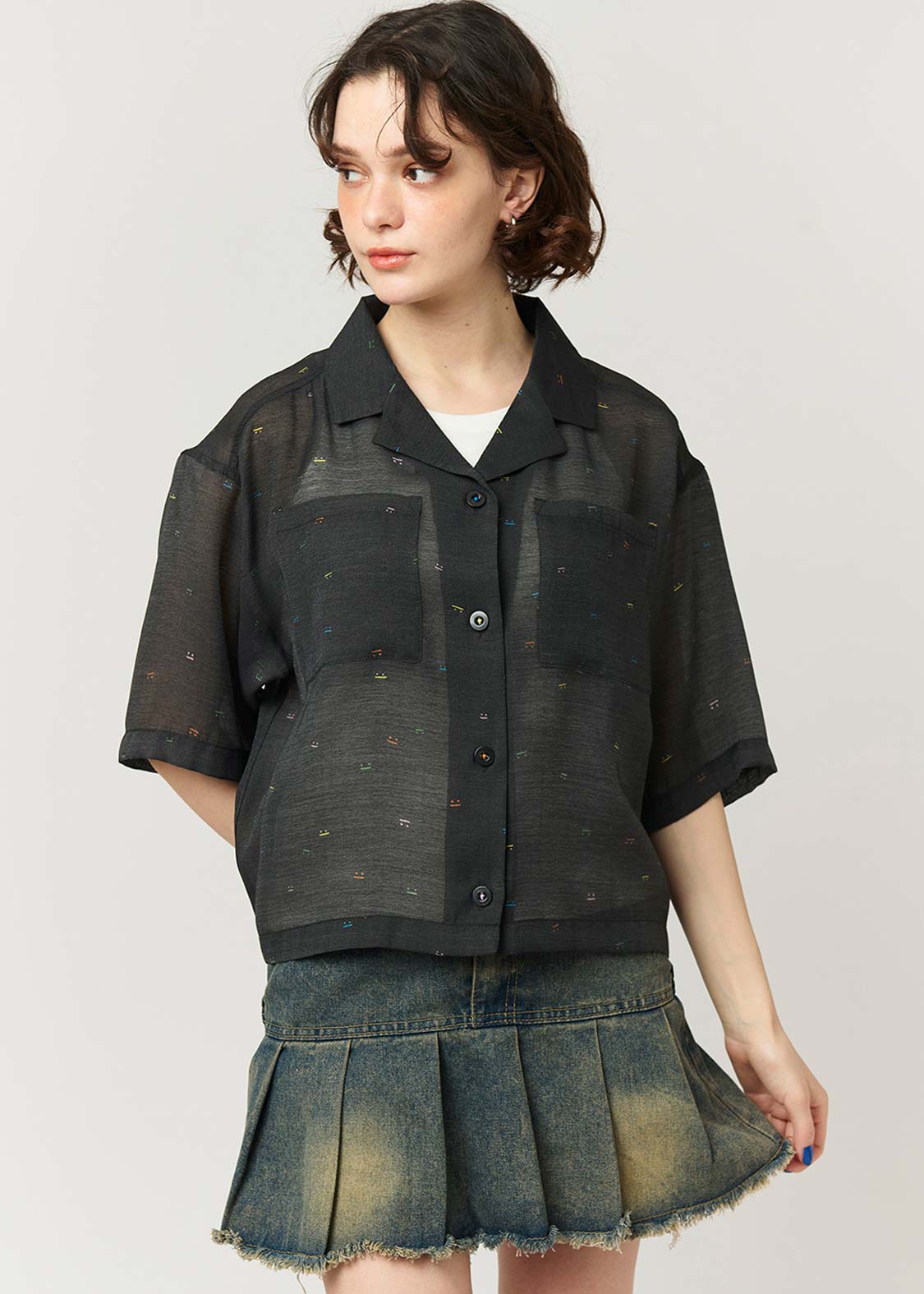Open Collar Short Sleeve Sheer Shirt (Beautiful Shadow Zoom Neon) - Image 10