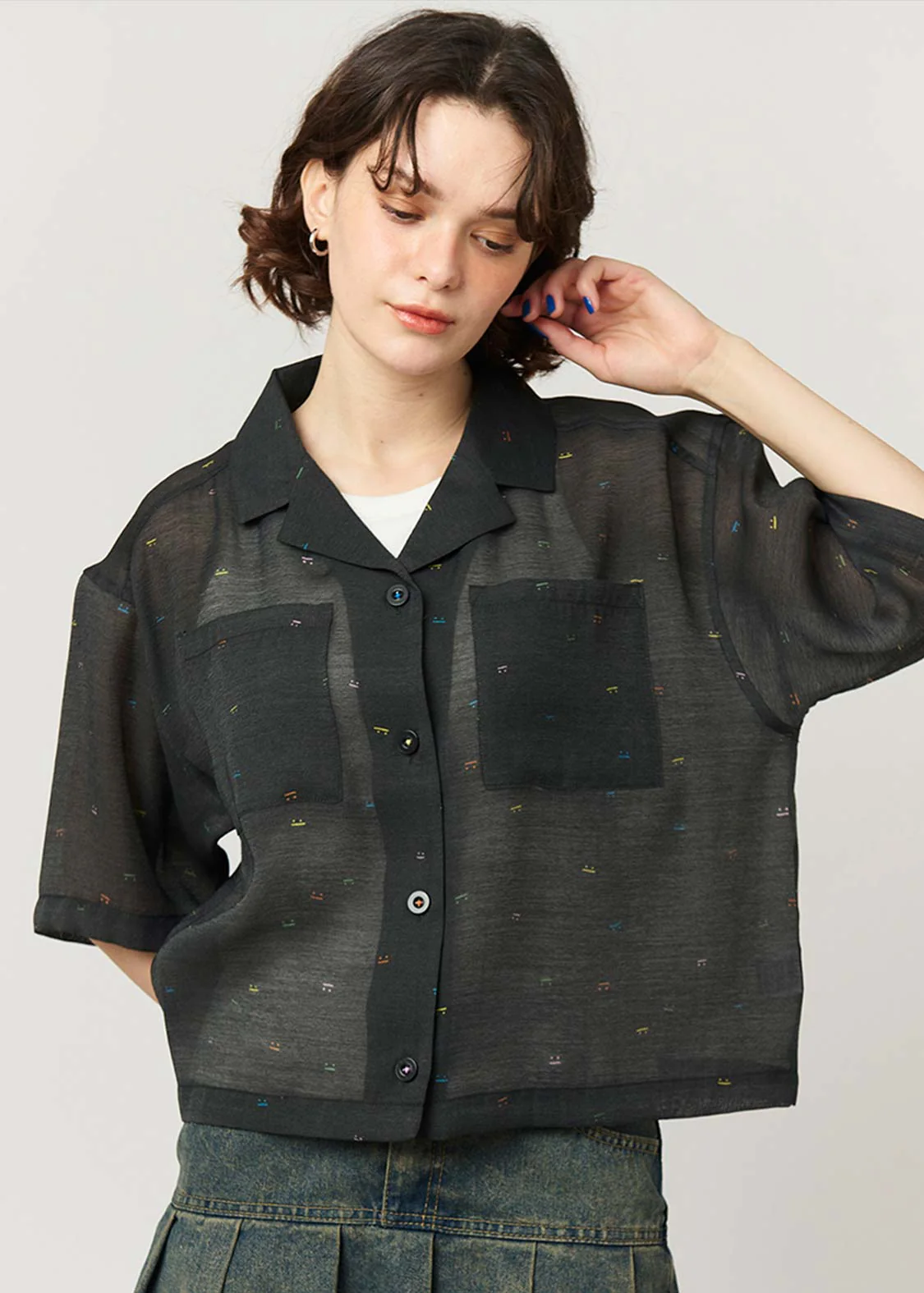 Open Collar Short Sleeve Sheer Shirt (Beautiful Shadow Zoom Neon) - Image 7